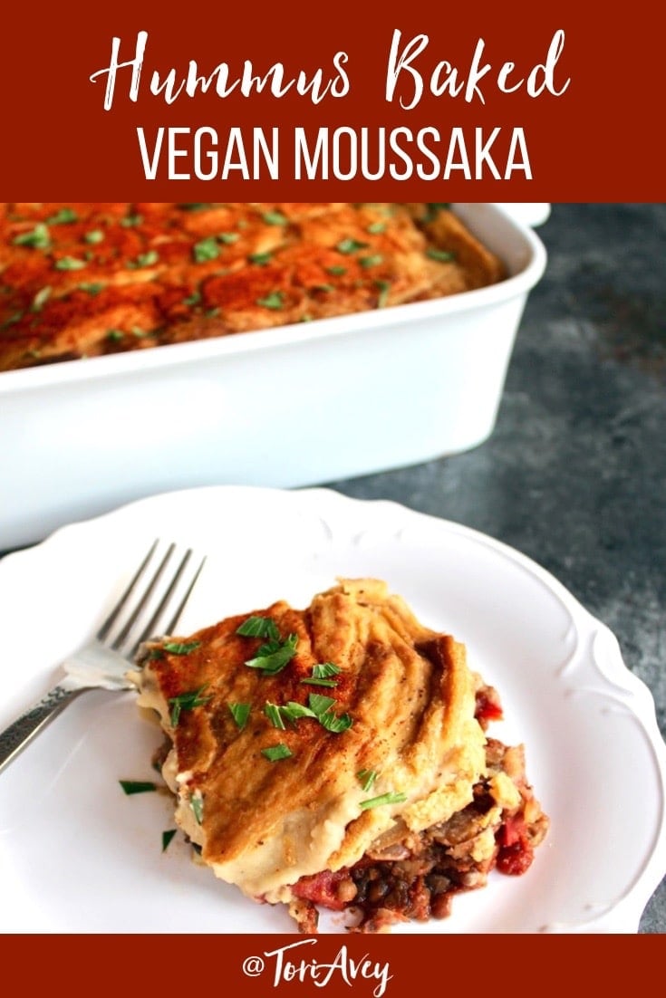 Hummus Baked Vegan Moussaka - Hearty Vegan Entree. A crave-worthy vegan casserole with layers of flavorful roasted vegetables, a lentil-mushroom filling, and a delectable baked hummus topping. | Tori Avey #vegan #moussaka #casserole #roastedvegetables #hummus #vegetarian #meatless #roshhashanah #sukkot #yomkippurbreakfast