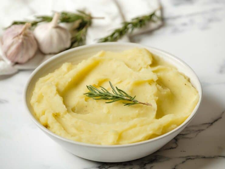 Horizontal shot - Dish of olive oil mashed potatoes garnished with fresh rosemary on a marble countertop, garlic heads and rosemary in background with linen towel.
