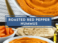 A creamy hummus dip made from roasted red peppers, chickpeas, tahini, garlic, and lemon juice