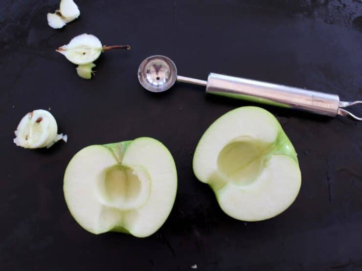 Apple halves cored with melon baller.