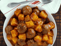 Sweet potato and meatballs, a delicious combination of Jewish Sweet and Sour Meatballs