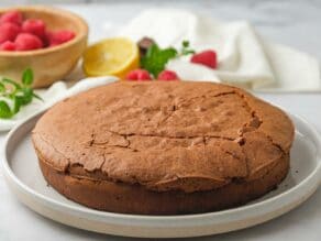 Horizontal shot of a chocolate almond flour cake on a white plate.