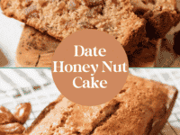 Date honey nut cake on a wooden board and a cooling rack