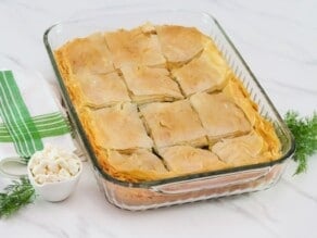 Vertical shot of spanakopita sliced into squares in a glass baking dish.